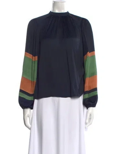 Pre-owned Ulla Johnson Colorblock Pattern Mock Neck Blouse In Blue
