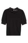 Ulla Johnson Crystal Collar Short Sleeve Cashmere Sweater In Black