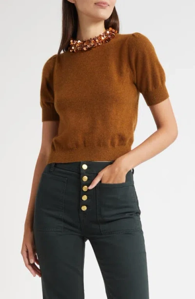 Ulla Johnson Crystal Collar Short Sleeve Cashmere Sweater In Brown