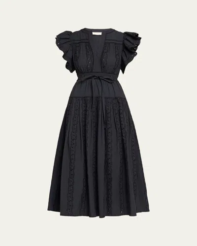 Ulla Johnson Dani Embroidered Cotton Midi Dress In Noir