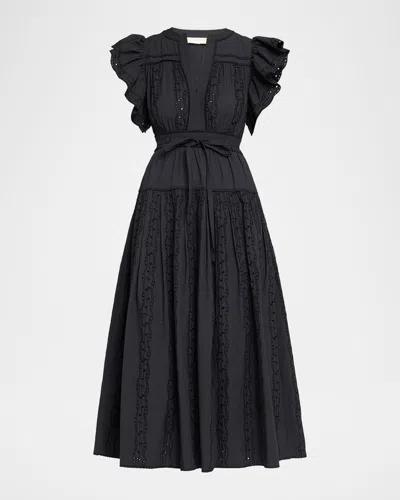 Ulla Johnson Dani Embroidered Cotton Midi Dress In Noir
