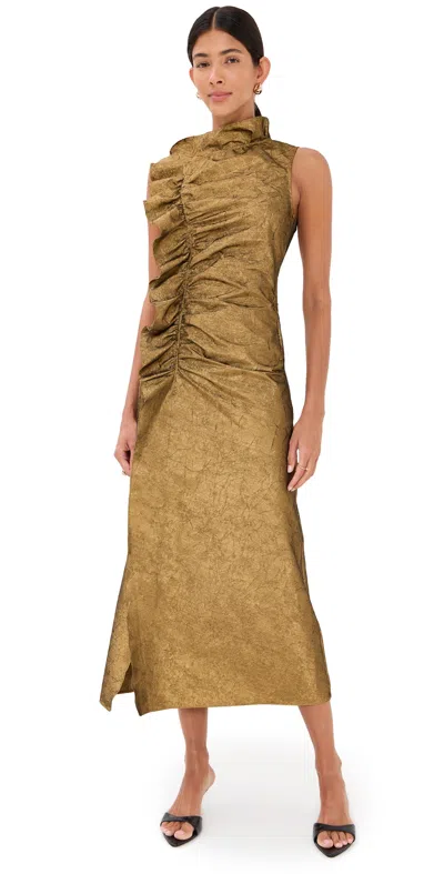 Ulla Johnson Demetria Sleeveless Ruched Front Midi Dress Gold Leaf In Green