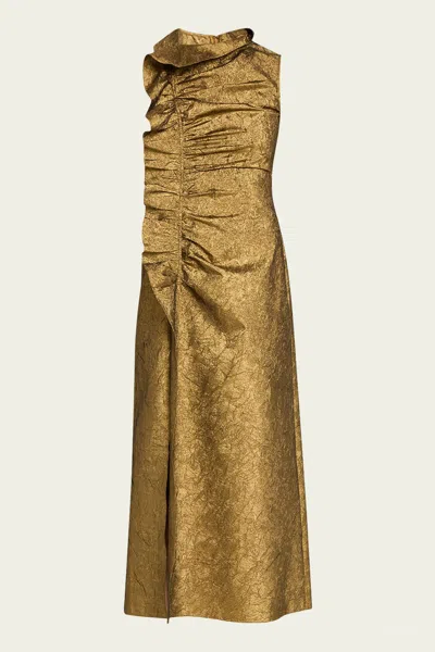 ULLA JOHNSON DEMETRIA SLEEVELESS RUCHED FRONT MIDI DRESS IN GOLD LEAF