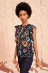 Ulla Johnson Dominique Split-neck Floral Silk Chiffon Top In Black Iris