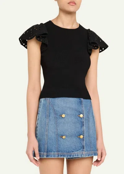Ulla Johnson Edith Embroidered Ruffled Ribbed-knit Top In Black