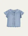 Ulla Johnson Effie Embroidered Mesh-trimmed Cotton-chambray Blouse In Blue