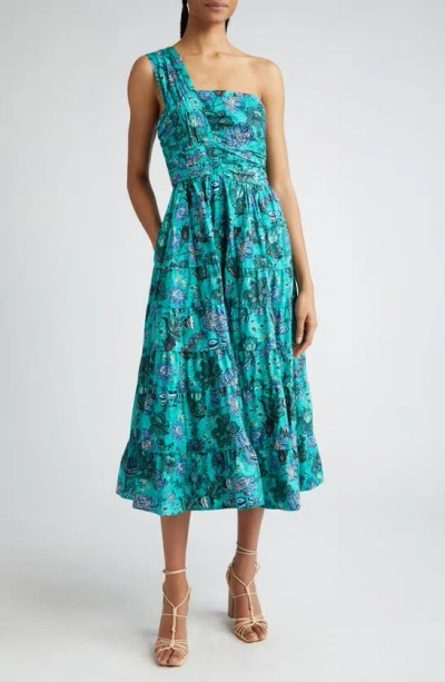Ulla Johnson Ellie Print One-shoulder Midi Dress In Jade