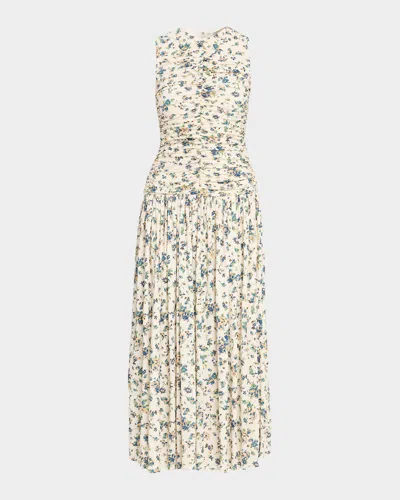 Ulla Johnson Elora Ruched Floral Jersey Midi Dress In White