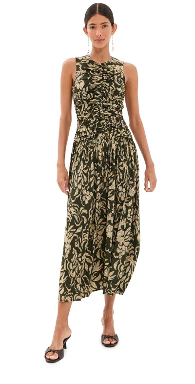 Ulla Johnson Elora Sleeveless Jersey Dress Khaki Floral In Black