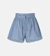 Ulla Johnson Elowen Belted Tulle-trimmed Embroidered Cotton-chambray Shorts In Blue