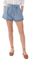 Ulla Johnson Elowen Belted Tulle-trimmed Embroidered Cotton-chambray Shorts In Blue