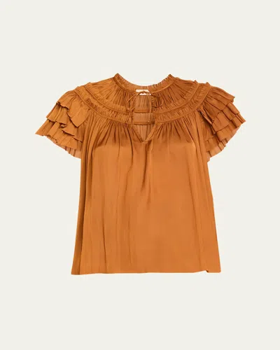 Ulla Johnson Elvie Ruched Ruffle Top In Amber