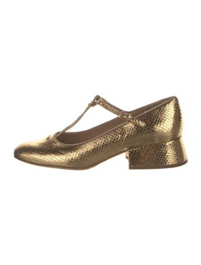 Pre-owned Ulla Johnson Embossed Leather Animal Print T-strap Pumps In Gold