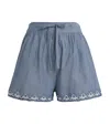 Ulla Johnson Elowen Belted Tulle-trimmed Embroidered Cotton-chambray Shorts In Blue