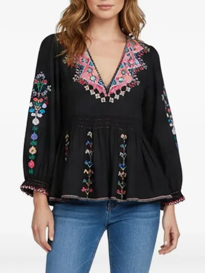 Pre-owned Ulla Johnson Embroidered V-neck Top In Black
