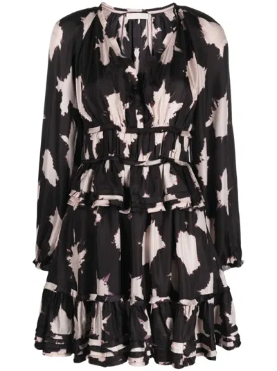 Ulla Johnson Women Emery Long Sleeve V-neck Ruffled Skirt Mini Dress Black Noir Blur