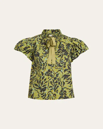 Ulla Johnson Estela Batik Floral Blouse In Chartreuse
