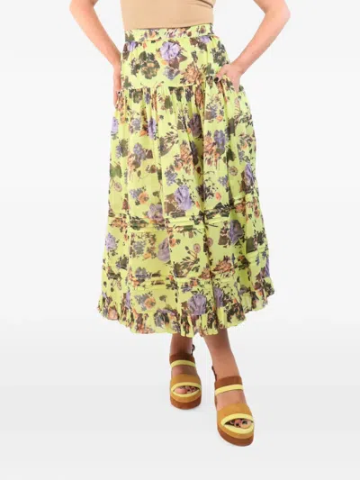 Pre-owned Ulla Johnson Eugenie Floral-print Midi Skirt In Green