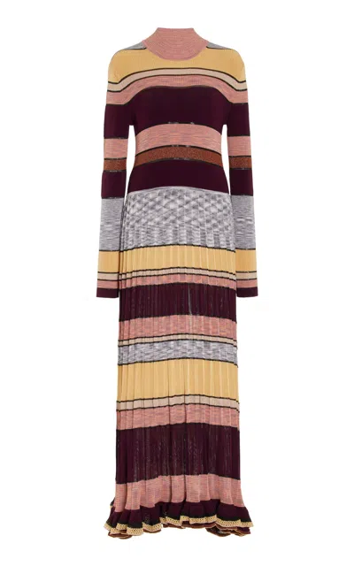 Ulla Johnson Evangeline Striped Pleated Metallic Knit Turtleneck Maxi Dress In Multi