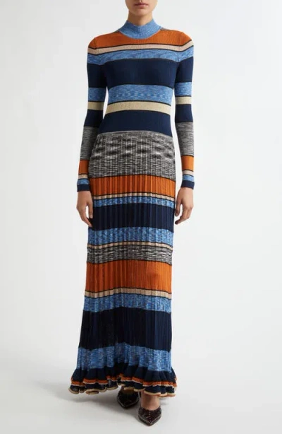 ULLA JOHNSON ULLA JOHNSON EVANGELINE STRIPE RIB & PLEAT MOCK NECK MAXI DRESS