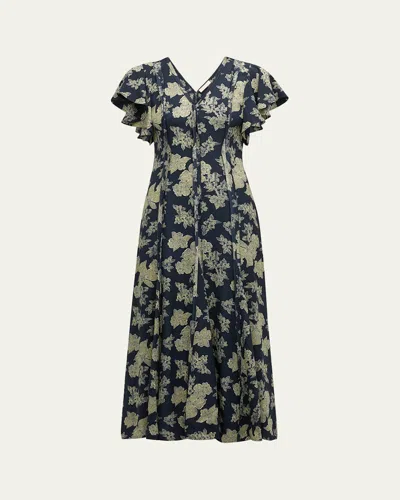 ULLA JOHNSON EVETTE SEAMED FLORAL-PRINT MIDI DRESS