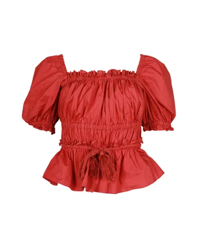 Ulla Johnson Evita Tasseled Shirred Blouse In Red Cotton