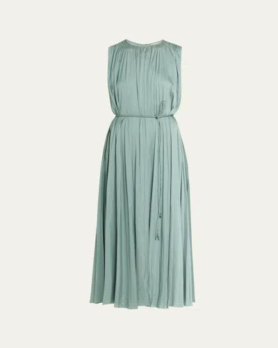 Ulla Johnson Fianna Belted Pleated Satin Midi Dress In Green