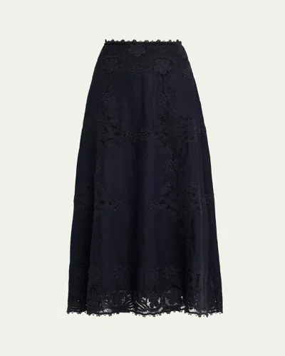 Ulla Johnson Fleur Embroidered Linen-blend Midi Skirt In Black