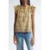 Ulla Johnson Fleur Floral Ruffle Shoulder Split Neck Top In Multi