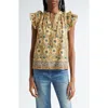 Ulla Johnson Fleur Floral Ruffle Shoulder Split Neck Top In Daylily