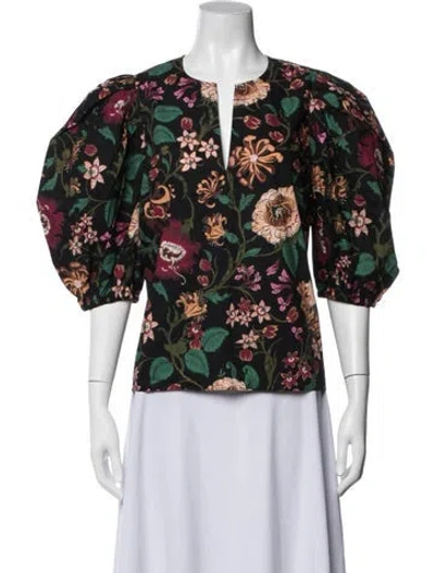 Pre-owned Ulla Johnson Floral Print Asymmetrical Blouse W/ Tags In Black