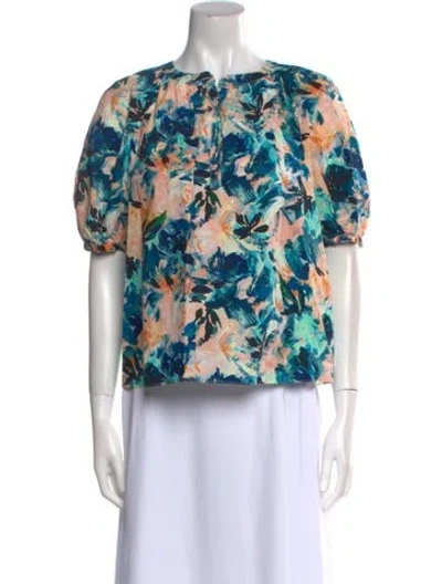 Pre-owned Ulla Johnson Floral Print Bateau Neckline Blouse In Blue