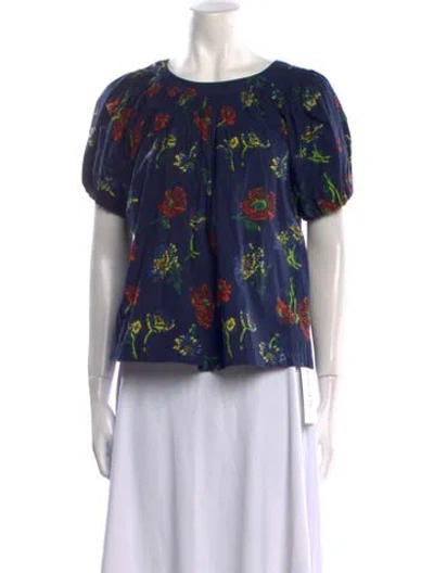 Pre-owned Ulla Johnson Floral Print Bateau Neckline Blouse In Blue