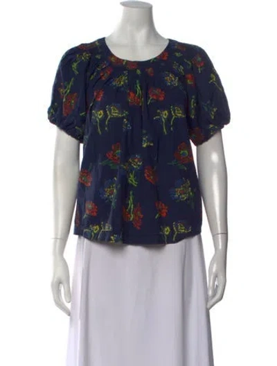 Pre-owned Ulla Johnson Floral Print Bateau Neckline Blouse In Blue