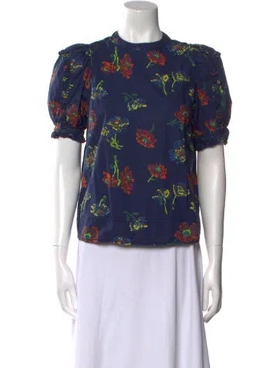Pre-owned Ulla Johnson Floral Print Crew Neck Blouse In Blue