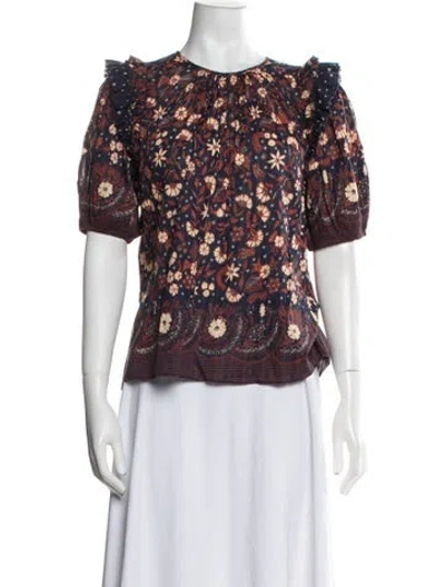 Pre-owned Ulla Johnson Floral Print Crew Neck Blouse In Blue