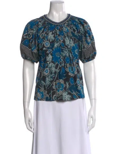 Pre-owned Ulla Johnson Floral Print Crew Neck Blouse In Blue
