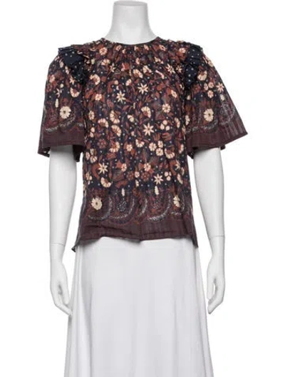 Pre-owned Ulla Johnson Floral Print Crew Neck Blouse In Blue
