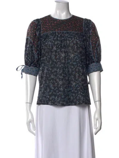 Pre-owned Ulla Johnson Floral Print Crew Neck Blouse In Blue