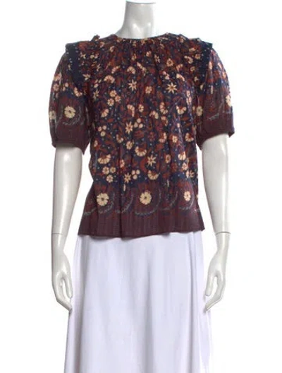 Pre-owned Ulla Johnson Floral Print Crew Neck Blouse In Blue/orange