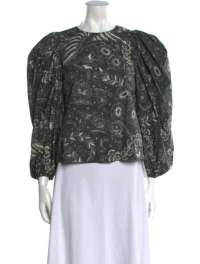 Pre-owned Ulla Johnson Floral Print Crew Neck Blouse In Green