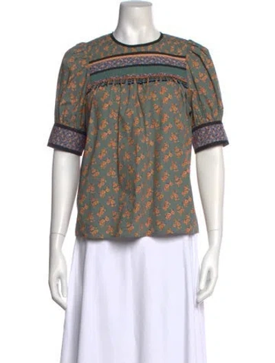 Pre-owned Ulla Johnson Floral Print Crew Neck Blouse In Green