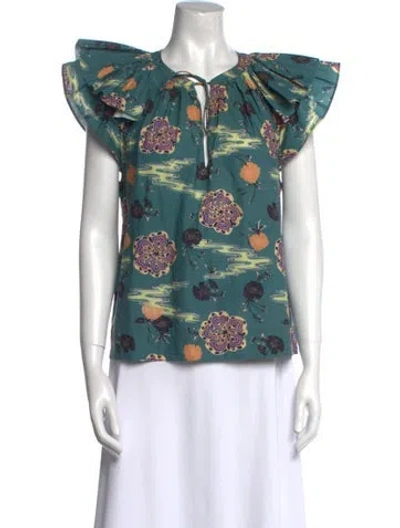 Pre-owned Ulla Johnson Floral Print Crew Neck Blouse In Green