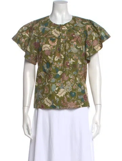 Pre-owned Ulla Johnson Floral Print Crew Neck Blouse In Green
