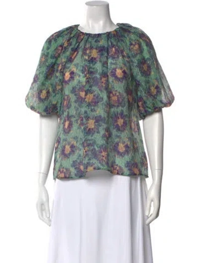 Pre-owned Ulla Johnson Floral Print Crew Neck Blouse In Green