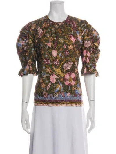 Pre-owned Ulla Johnson Floral Print Crew Neck Blouse In Green