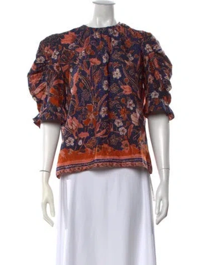 Pre-owned Ulla Johnson Floral Print Crew Neck Blouse In Orange
