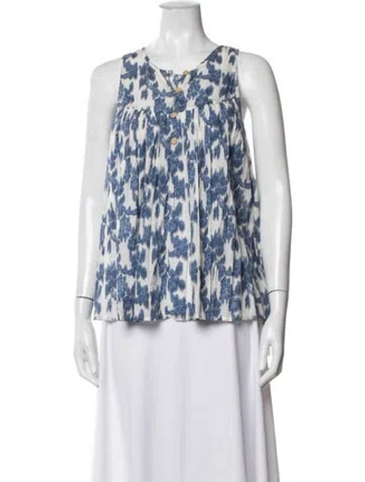 Pre-owned Ulla Johnson Floral Print Crew Neck Blouse W/ Tags In Blue