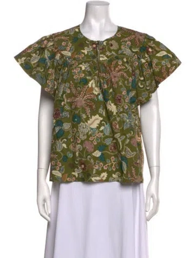 Pre-owned Ulla Johnson Floral Print Crew Neck Blouse W/ Tags In Green