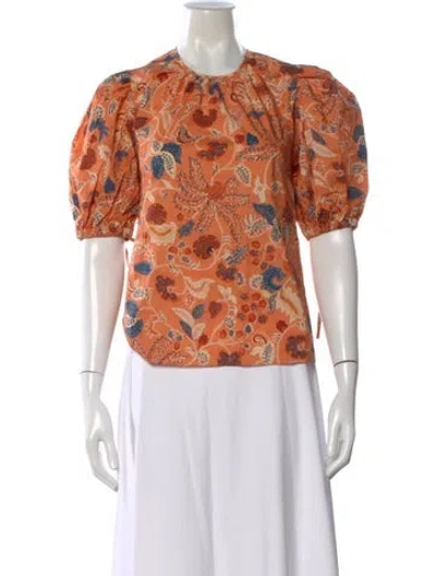 Pre-owned Ulla Johnson Floral Print Crew Neck Blouse W/ Tags In Orange